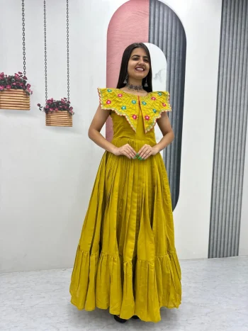 MODERN ROMAN EMBROIDERY THREAD & KHATLI WORK GOWN PARROT GREEN