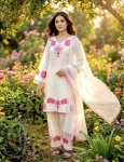 MODERN SATIN EMBROIDERY THREAD WORK TOP PATIYALA WITH DUPATTA PINK AND OFF WHITE