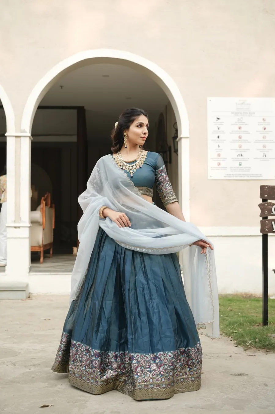MODERN SHIMMER WEAVING BORDER AND SILVER-GOLDEN ZARI DETAILING AND BORDER WORK LEHENGA CHOLI WITH DUPATTA FESTIVE WEAR WHOLESALE PRICE ETHNIC GARMENT (11)