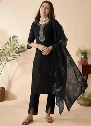 MODERN SLUB COTTON EMBROIDERY WORK TOP BOTTOM WITH DUPATTA BLACK