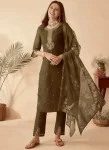 MODERN SLUB COTTON EMBROIDERY WORK TOP BOTTOM WITH DUPATTA MEHNDI