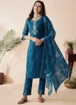 MODERN SLUB COTTON EMBROIDERY WORK TOP BOTTOM WITH DUPATTA TEAL
