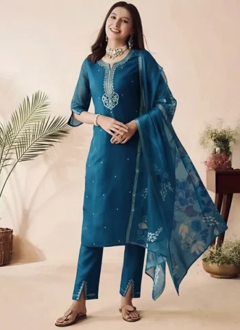 MODERN SLUB COTTON EMBROIDERY WORK TOP BOTTOM WITH DUPATTA TEAL
