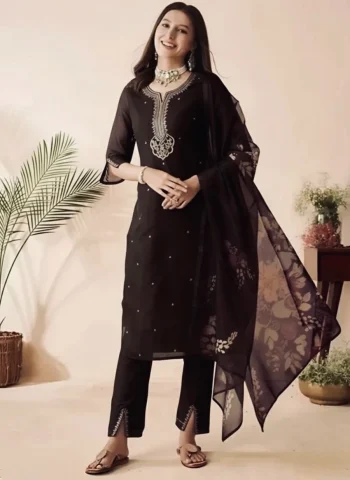 MODERN SLUB COTTON EMBROIDERY WORK TOP BOTTOM WITH DUPATTA WINE