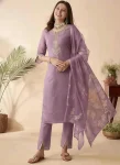 MODERN SLUB COTTON EMBROIDERY WORK TOP BOTTOM WITH DUPATTA LAVANDER