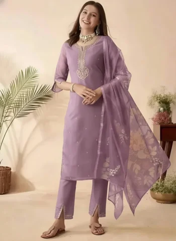 MODERN SLUB COTTON EMBROIDERY WORK TOP BOTTOM WITH DUPATTA LAVANDER