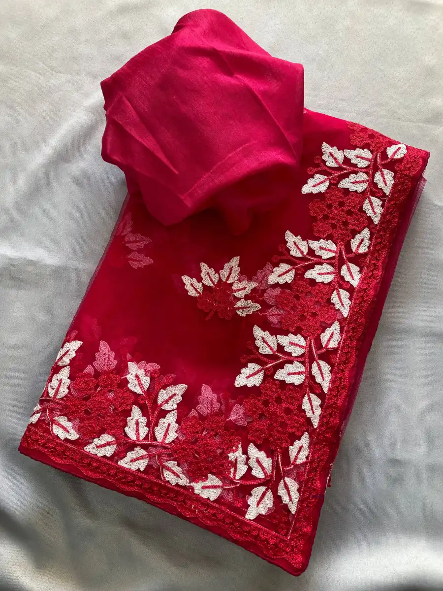 MODERN SOFT NET CONTRAST PALLU CHIKANKARI EMBROIDERY WORK SAREE WITH UNSTITCHED BLOUSE PARTY WEAR WHOLESALE PRICE ETHNIC GARMENT (12)