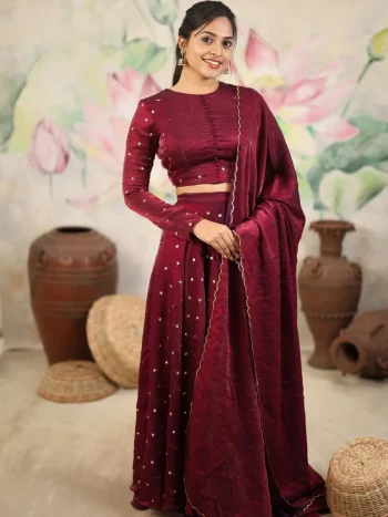 MODERN SPACE SILK SEQUENCE EMBROIDERY WORK LEHENGA CHOLI WITH DUPATTA MAROON