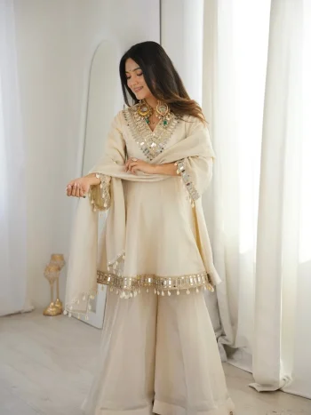 MODERN TABBY ORGANZA REAL MIRROR WORK LACE BORDER TOP PALAZZO WITH DUPATTA OFF WHITE