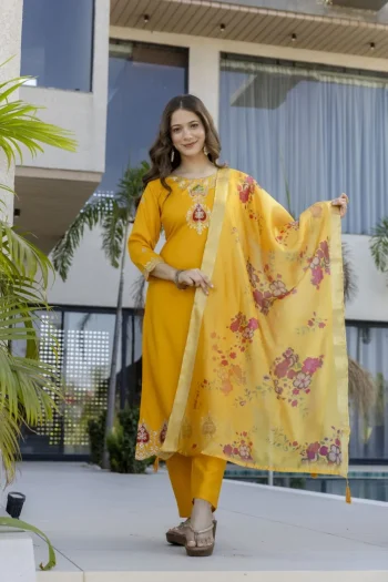 MODERN TABBY SILK EMBROIDERY WORK TOP BOTTOM WITH DUPATTA YELLOW