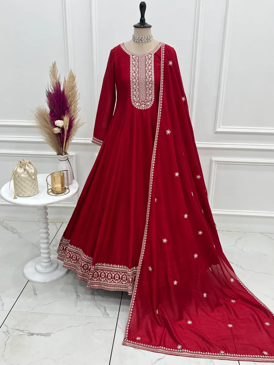 MODERN VICHITRA SILK EMBROIDERY JARI AND SEQUENCE WORK GOWN WITH DUPATTA FESTIVE WEAR WHOLESALE PRICE ETHNIC GARMENT (10)