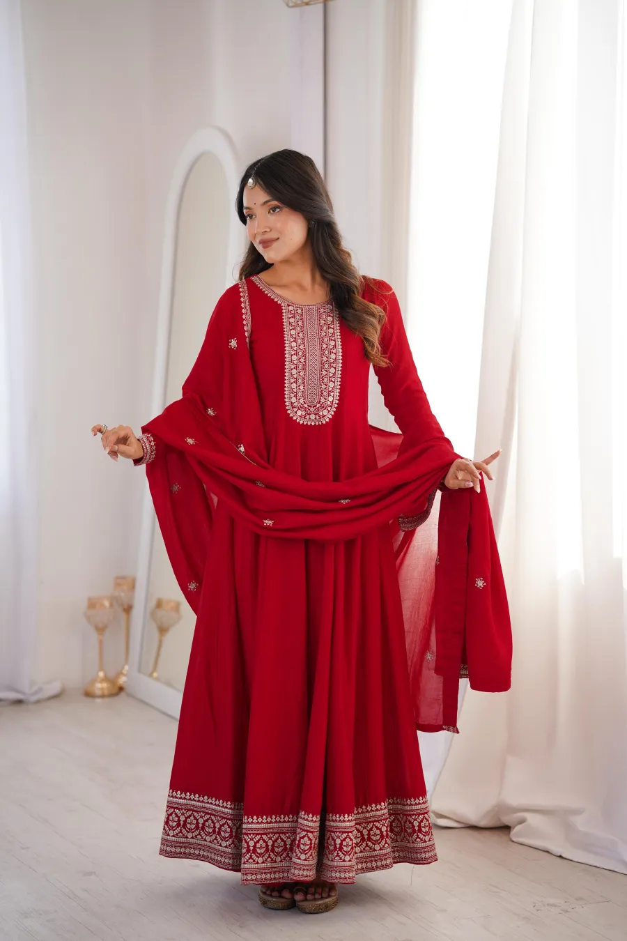 MODERN VICHITRA SILK EMBROIDERY JARI AND SEQUENCE WORK GOWN WITH DUPATTA FESTIVE WEAR WHOLESALE PRICE ETHNIC GARMENT (6)