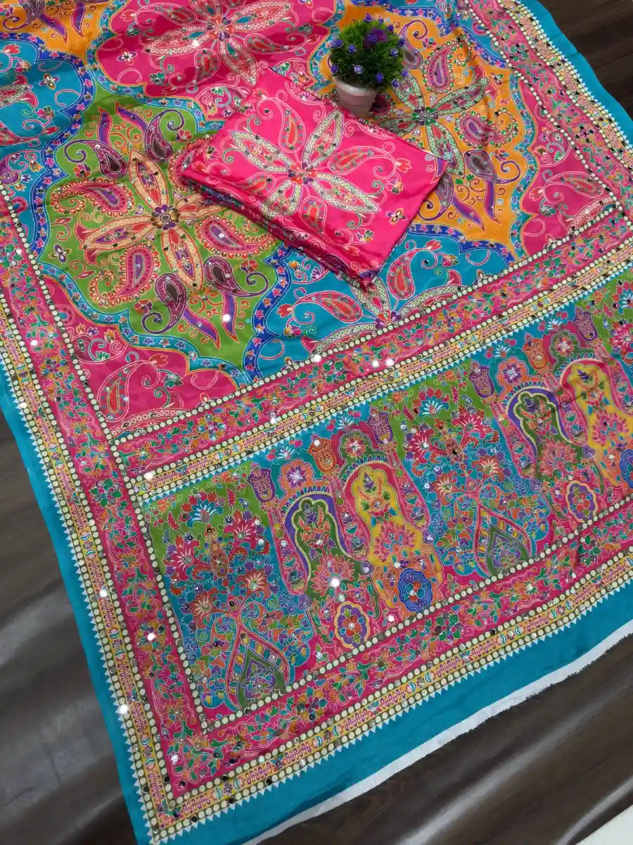 MOST PICKED CHINON SILK DIGITAL PRINT WITH BEAUTIFUL MIRROR HANDWORK SAREE WITH UNSTITCHED BLOUSE PARTY WEAR WHOLESALE PRICE ETHNIC GARENT (10)