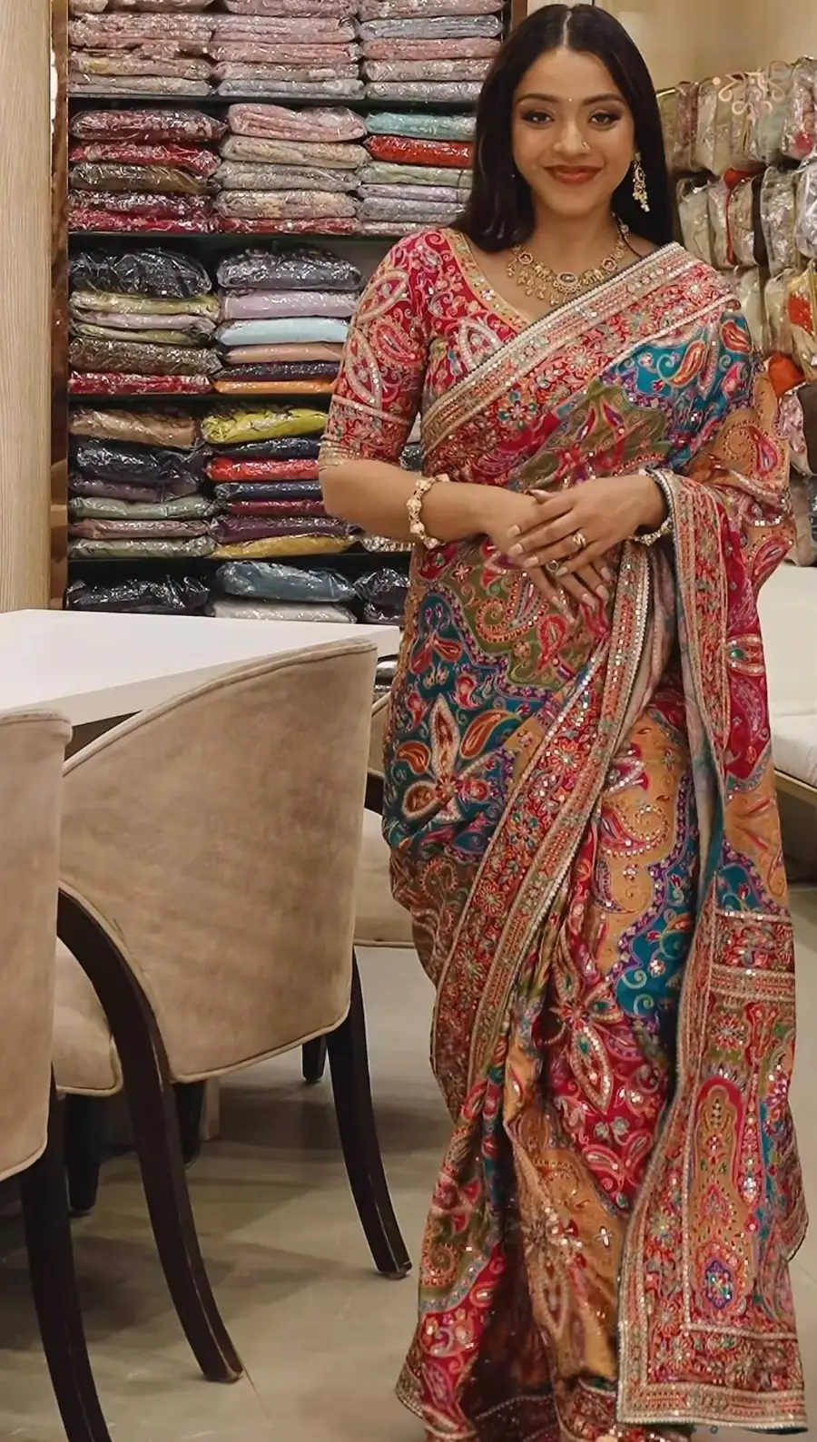 MOST PICKED CHINON SILK DIGITAL PRINT WITH BEAUTIFUL MIRROR HANDWORK SAREE WITH UNSTITCHED BLOUSE PARTY WEAR WHOLESALE PRICE ETHNIC GARENT (5)