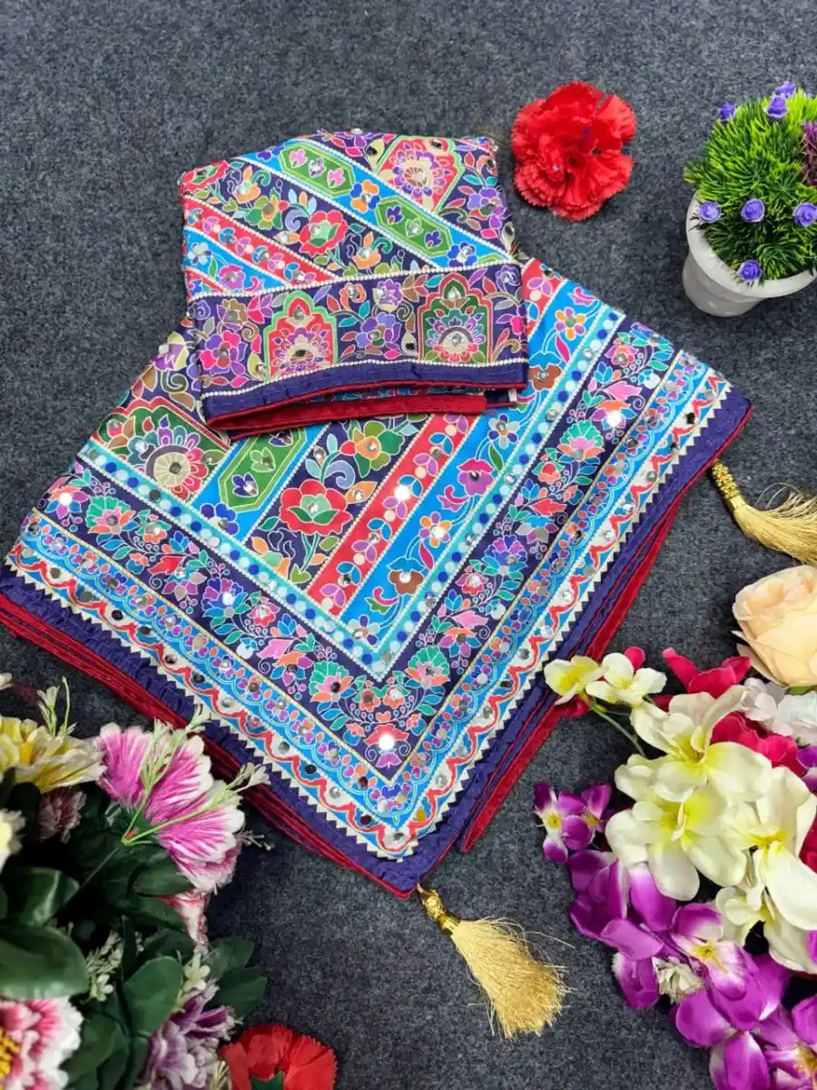 MOST PICKED CHINON SILK DIGITAL PRINT WITH BEAUTIFUL MIRROR HANDWORK SAREE WITH UNSTITCHED BLOUSE PARTY WEAR WHOLESALE PRICE ETHNIC GARMENT (15)
