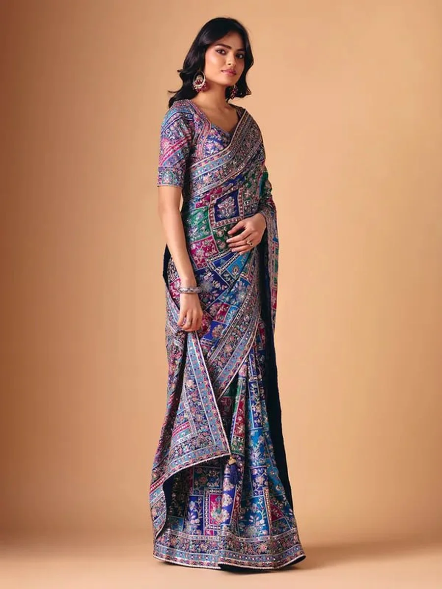 MOST PICKED CHINON SILK DIGITAL PRINT WITH BEAUTIFUL MIRROR HANDWORK SAREE WITH UNSTITCHED BLOUSE PARTY WEAR WHOLESALE PRICE ETHNIC GARMENT (2)