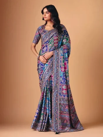 MOST PICKED CHINON SILK DIGITAL PRINT WITH BEAUTIFUL  MIRROR HANDWORK SAREE WITH UNSTITCHED BLOUSE MULTI