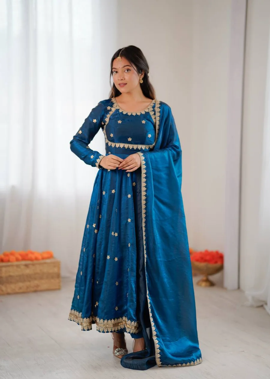 MOST PICKED FANDY SILK CODING SEQUENCE WORK GOWN BOTTOM WITH DUPATTA WEDDING WEAR WHOLESALE PRICE ETHNIC GARMENT (1)