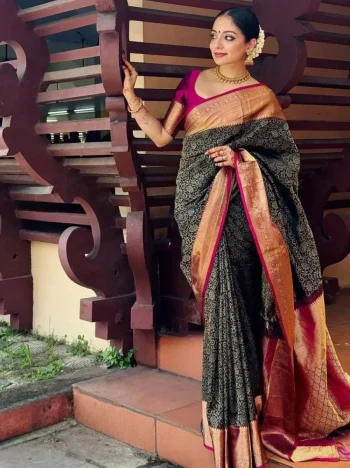 MOST PICKED LICHI SILK JACQUARD WORK SAREE WITH UNSTITCHED BLOUSE BLACK AND PINK