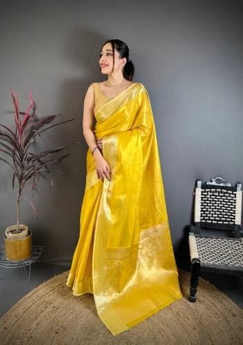 NEW ARRIVAL BANARASI TISSUE SILK WEAVING ZARI WORK SAREE WITH UNSTITCHED BLOUSE YELLOW
