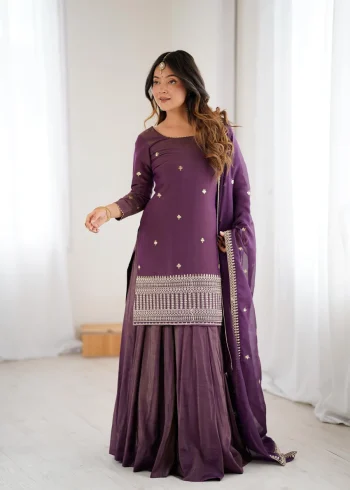 NEW ARRIVAL CHANDERI SILK FANCY EMBROIDERY SEQUENCE,DORI AND JARI WORK TOP LEHENGA WITH DUPATTA PURPLE