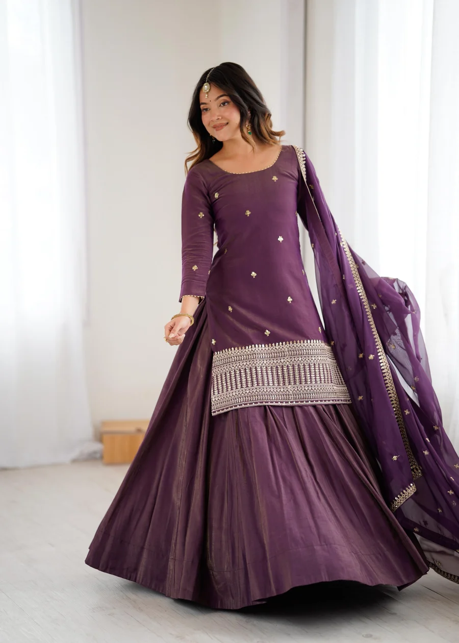 NEW ARRIVAL CHANDERI SILK FANCY EMBROIDERY SEQUENCE,DORI AND JARI WORK TOP LEHENGA WITH DUPATTA FESTIVE WEAR WHOLESALE PRICE ETHNIC GARMENT (5)