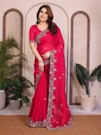 NEW ARRIVAL CHIFFON SILK EMBROIDERY WITH PIPING BORDER WORK SAREE WITH UNSTITCHED BLOUSE WEDDING WEAR WHOLESALE PRICE ETHNIC GARMENT (1)