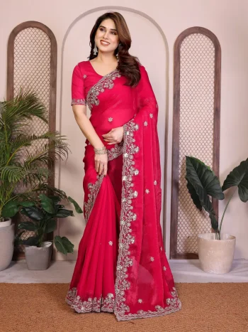NEW ARRIVAL CHIFFON SILK EMBROIDERY WITH PIPING BORDER WORK SAREE WITH UNSTITCHED BLOUSE RANI