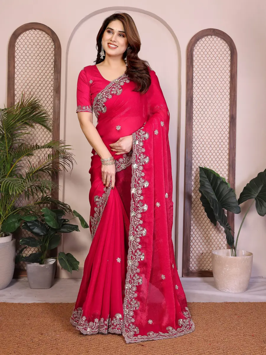 NEW ARRIVAL CHIFFON SILK EMBROIDERY WITH PIPING BORDER WORK SAREE WITH UNSTITCHED BLOUSE WEDDING WEAR WHOLESALE PRICE ETHNIC GARMENT (1)