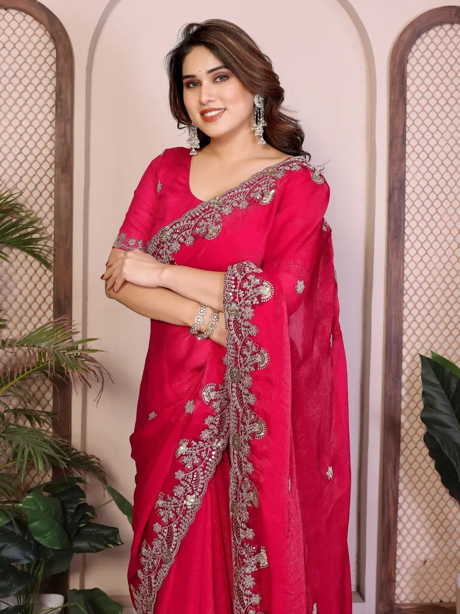 NEW ARRIVAL CHIFFON SILK EMBROIDERY WITH PIPING BORDER WORK SAREE WITH UNSTITCHED BLOUSE WEDDING WEAR WHOLESALE PRICE ETHNIC GARMENT (13)