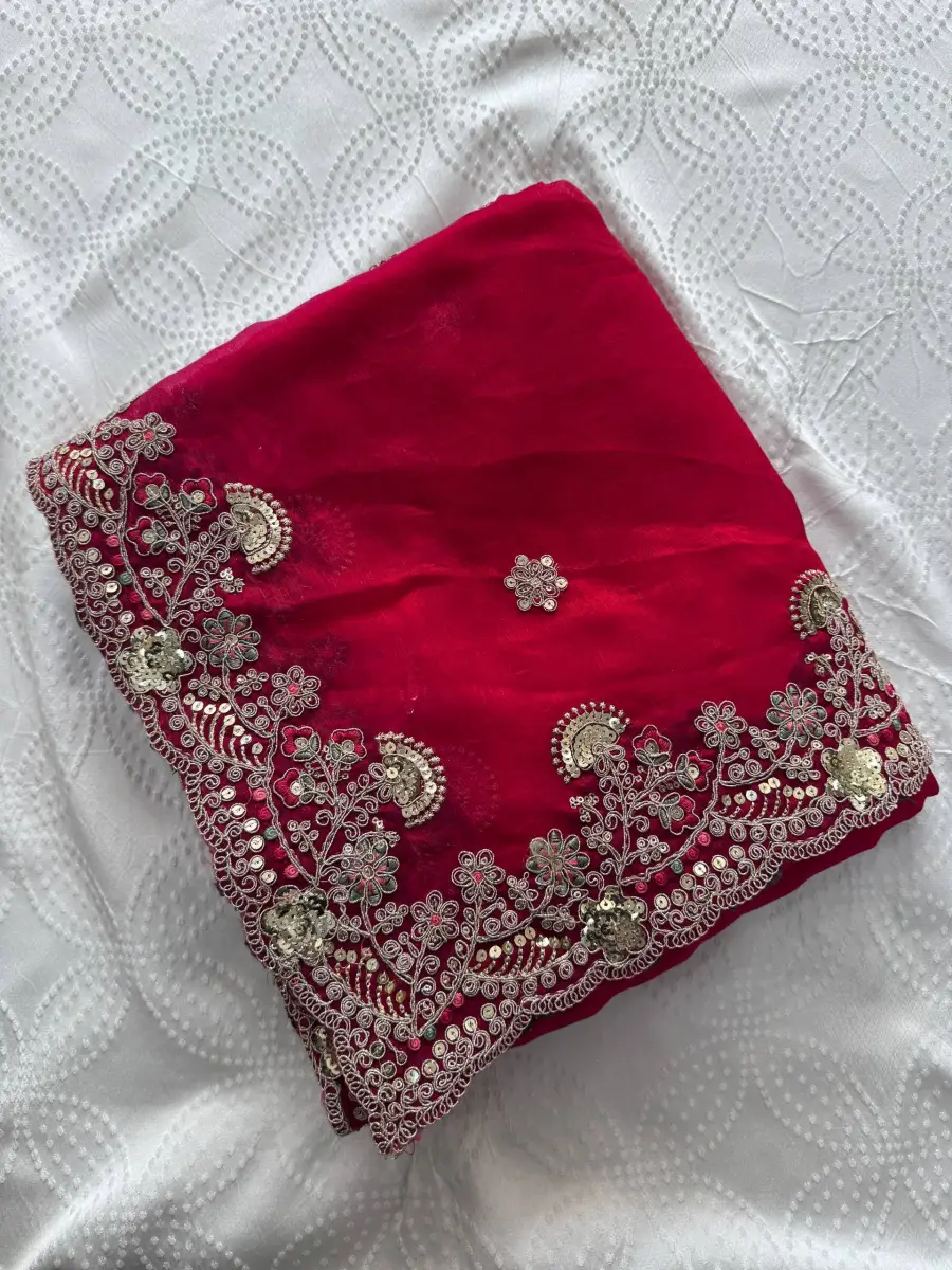 NEW ARRIVAL CHIFFON SILK EMBROIDERY WITH PIPING BORDER WORK SAREE WITH UNSTITCHED BLOUSE WEDDING WEAR WHOLESALE PRICE ETHNIC GARMENT (7)