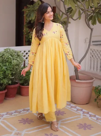 NEW ARRIVAL COTTON EMBROIDERY WORK KURTI PENT SET YELLOW