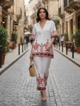 NEW ARRIVAL COTTON PRINT WORK CO-ORD SET WHITE AND BROWN