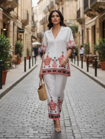 NEW ARRIVAL COTTON PRINT WORK CO-ORD SET WHITE AND BROWN