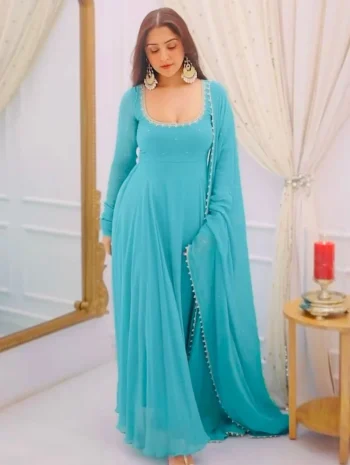 NEW ARRIVAL GEORGETTE EMBROIDERY BEADS  WORK GOWN BOTTOM WITH DUPATTA SKY