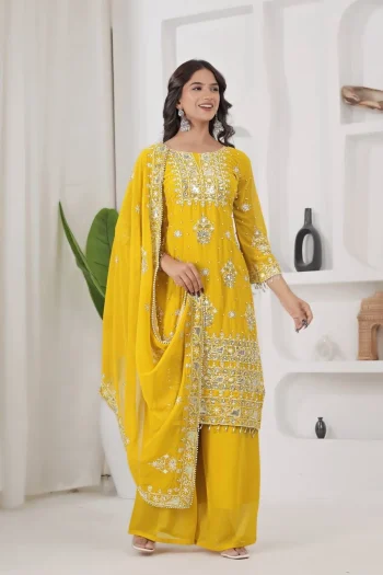 NEW ARRIVAL GEORGETTE EMBROIDERY SEQUENCE WORK TOP PALAZZO WITH DUPATTA YELLOW