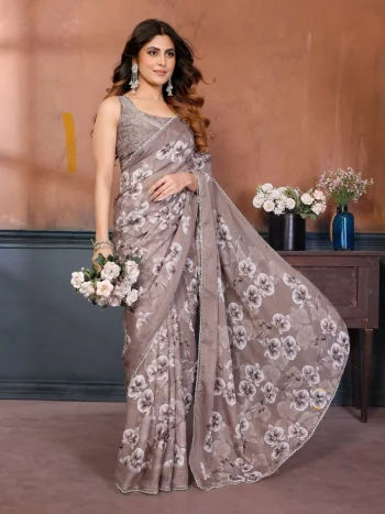 NEW ARRIVAL GEORGETTE SILK PRINT WORK SAREE WITH UNSTITCHED BLOUSE CHIKU