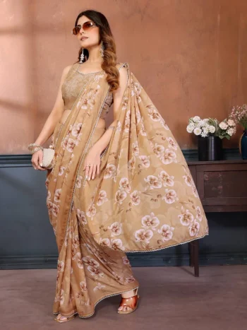 NEW ARRIVAL GEORGETTE SILK PRINT WORK SAREE WITH UNSTITCHED BLOUSE CREAM