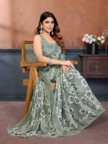 NEW ARRIVAL GEORGETTE SILK PRINT WORK SAREE WITH UNSTITCHED BLOUSE MINT