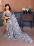 NEW ARRIVAL GEORGETTE SILK PRINT WORK SAREE WITH UNSTITCHED BLOUSE GREY