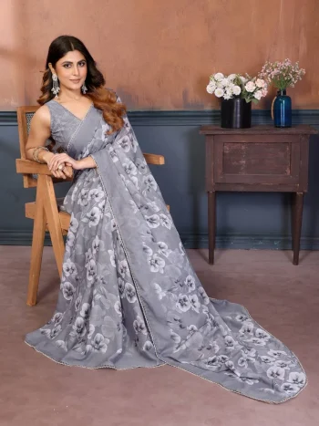 NEW ARRIVAL GEORGETTE SILK PRINT WORK SAREE WITH UNSTITCHED BLOUSE GREY