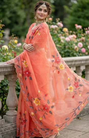 NEW ARRIVAL GMY SILK FLORAL PRINT WITH BEADS AND CUTDANA HANDWORK BORDER WITH REAL MIRROR WORK SAREE WITH UNSTITCHED BLOUSE PEACH