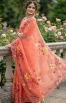NEW ARRIVAL GMY SILK FLORAL PRINT WITH BEADS AND CUTDANA HANDWORK BORDER WITH REAL MIRROR WORK SAREE WITH UNSTITCHED BLOUSE PEACH