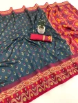 NEW ARRIVAL IKKAT SILK FLOWERS AND MINA & ZARI WEAVING  BORDER WORK SAREE WITH UNSTITCHED BLOUSE BLACK