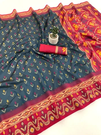 NEW ARRIVAL IKKAT SILK FLOWERS AND MINA & ZARI WEAVING  BORDER WORK SAREE WITH UNSTITCHED BLOUSE BLACK