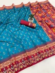 NEW ARRIVAL IKKAT SILK FLOWERS AND MINA & ZARI WEAVING  BORDER WORK SAREE WITH UNSTITCHED BLOUSE BLUE
