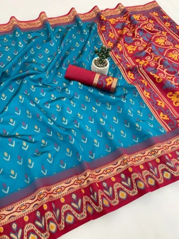 NEW ARRIVAL IKKAT SILK FLOWERS AND MINA & ZARI WEAVING  BORDER WORK SAREE WITH UNSTITCHED BLOUSE BLUE