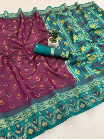 NEW ARRIVAL IKKAT SILK FLOWERS AND MINA & ZARI WEAVING  BORDER WORK SAREE WITH UNSTITCHED BLOUSE WINE