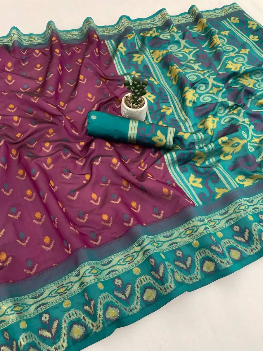 NEW ARRIVAL IKKAT SILK FLOWERS AND MINA & ZARI WEAVING BORDER WORK SAREE WITH UNSTITCHED BLOUSE FESTIVE WEAR WHOLESALE PRICE ETHNIC GARMENT (4)