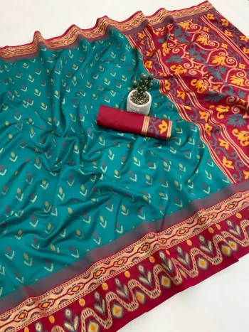 NEW ARRIVAL IKKAT SILK FLOWERS AND MINA & ZARI WEAVING  BORDER WORK SAREE WITH UNSTITCHED BLOUSE RAMA
